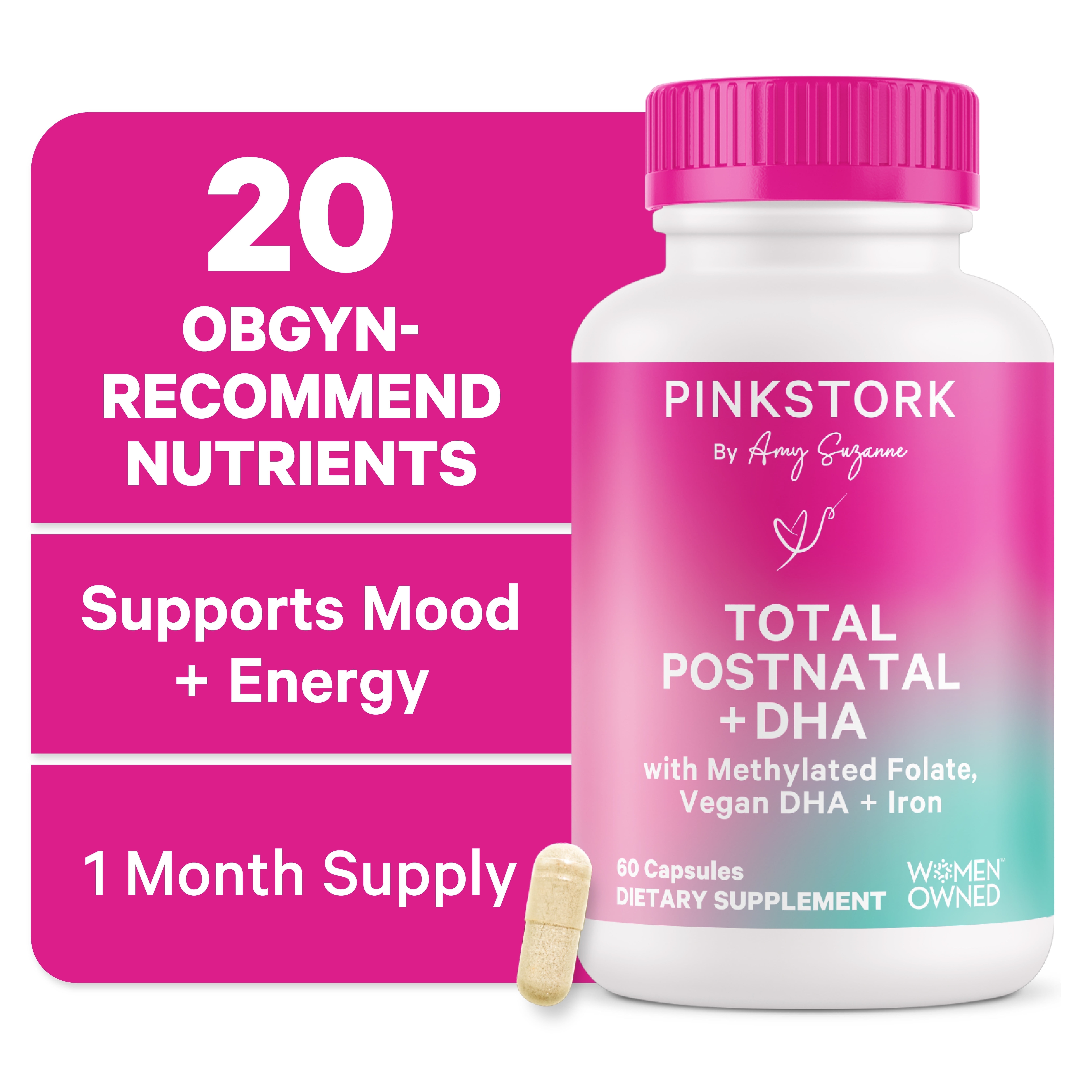 Pink Stork Total Postnatal Vitamins with DHA, Zinc, B6, B12 - 60 Capsules
