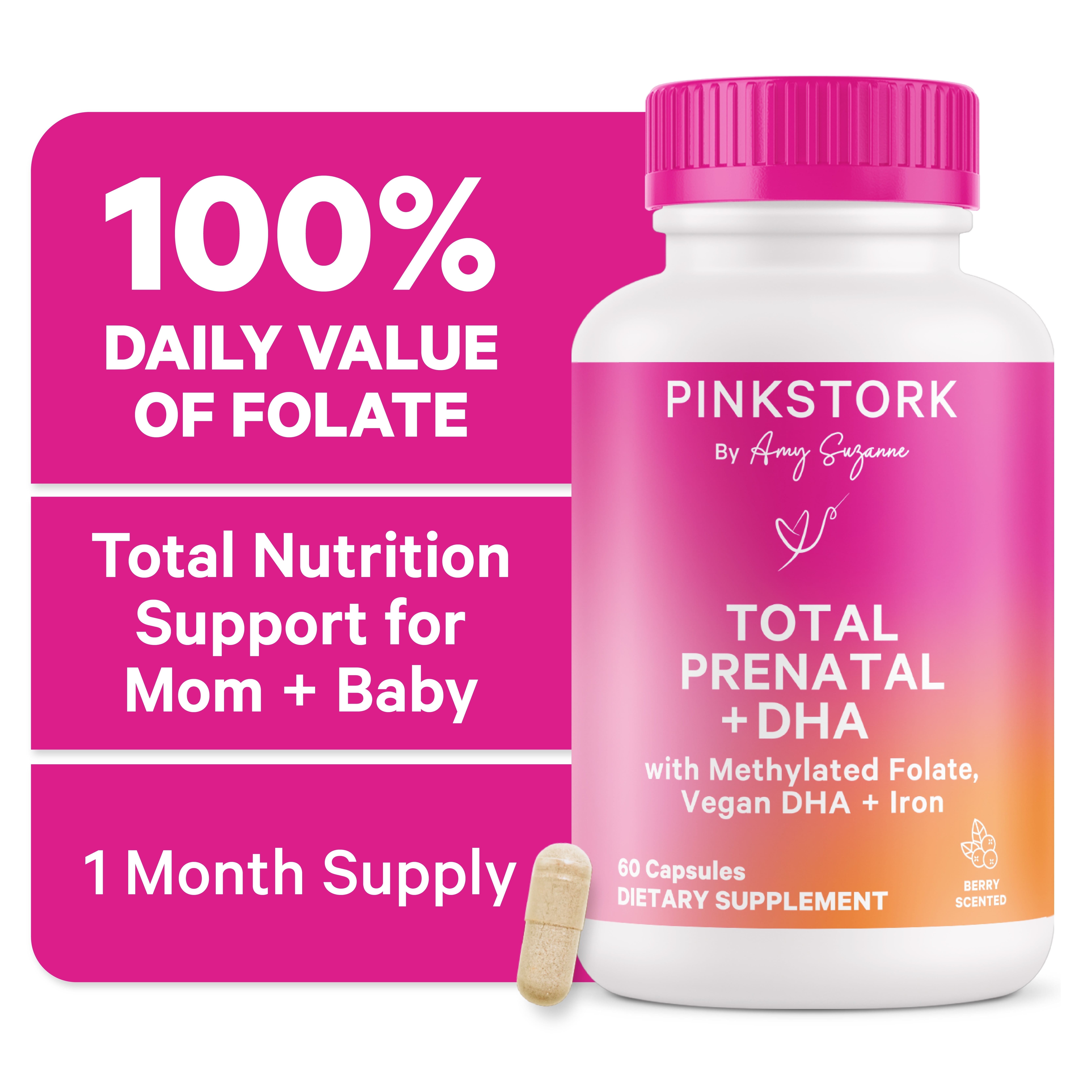 Pink Stork Total Prenatal Vitamins with DHA, Prenatal Vitamins for Women, Vegan, 60 Capsules