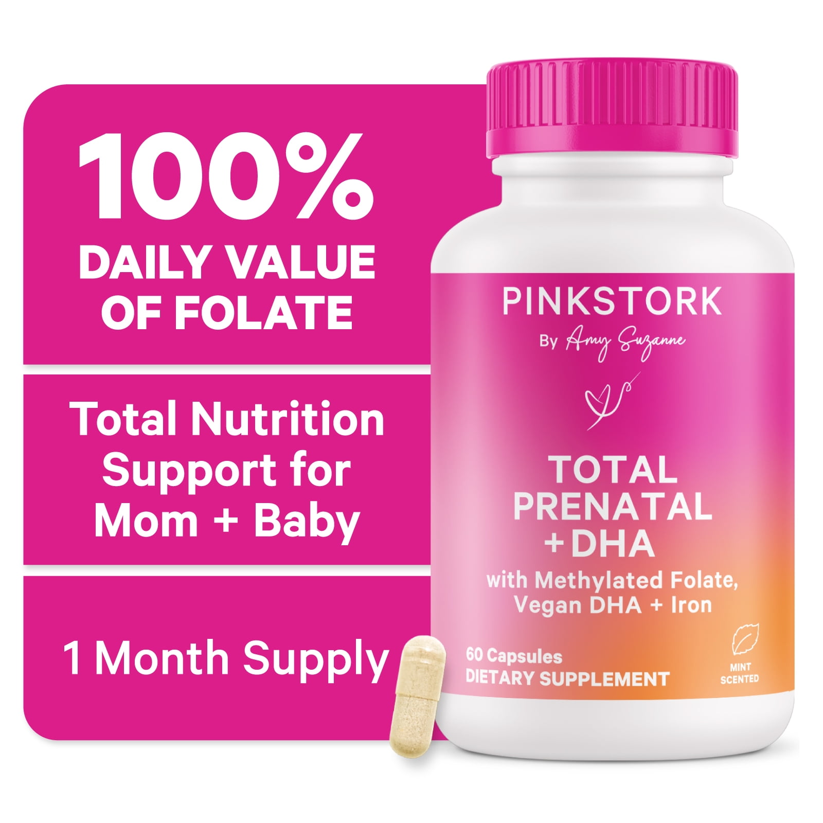 Pink Stork Total Prenatal Vitamins with DHA, Biotin, Folate - 60 Daily Capsules, 1 Month Supply