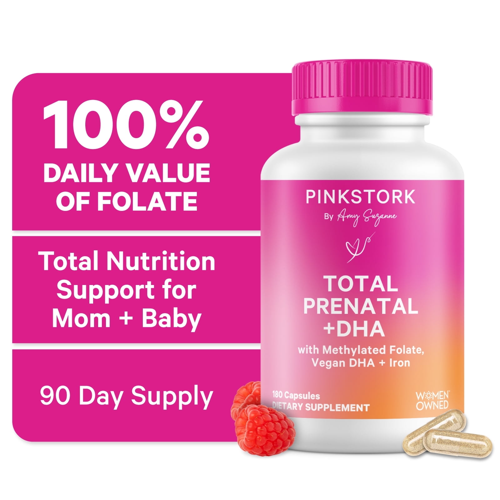 Pink Stork Essential Prenatal Vitamins, B12 with Folate, Soy Free, Methylated Nutrients, 180 Capsules