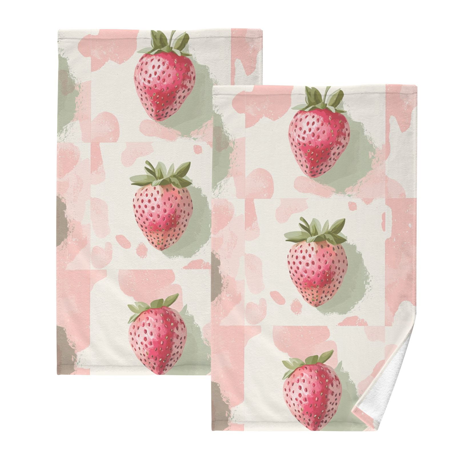 Pink Straberrys in Grids Hand Towels Cotton Bath Towels Large Face Towels Absorbent for Bathroom 2 Packs
