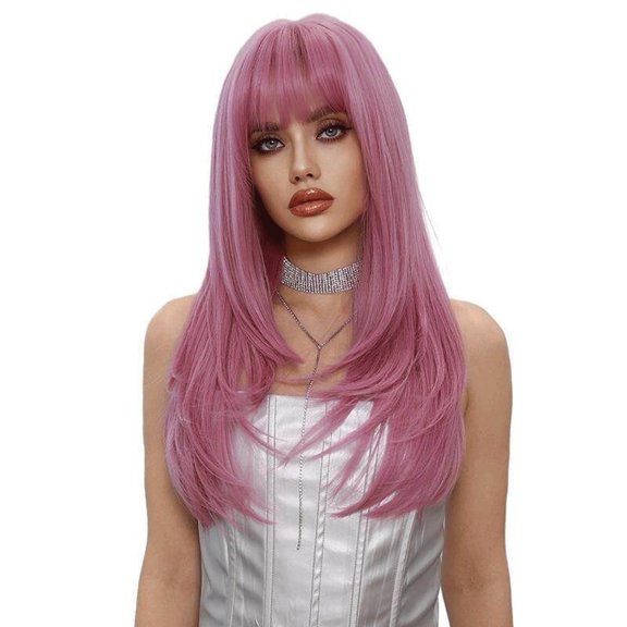 Pink Straight Bangs Long Wigs For Women Sweet And Edgy Personality Suitable For Daily Wear