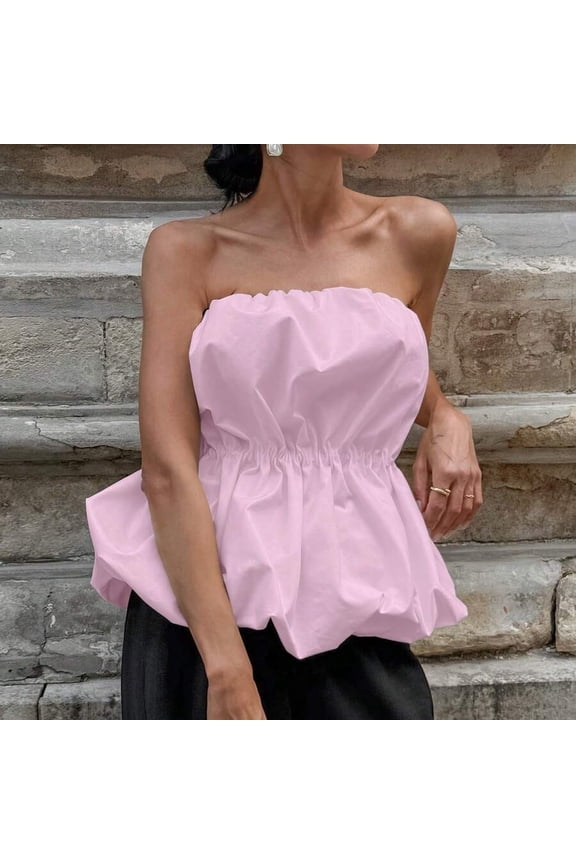 Pink Strapless Bubble Peplum Tube Top With Elastic Waist And Ruched Puff Hem