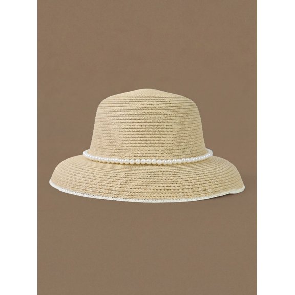 Pink Straw Sun Hat for Women, Elegant Pearl Embellished Beach Hat, Wide Brim Summer Hat, Boho Chic Wedding Guest Hat, Vacation Headwear