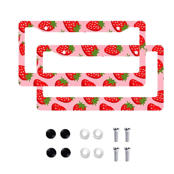Pink Strawberry Aluminum License Plate Frames - 2-Pack with Mounting Screws