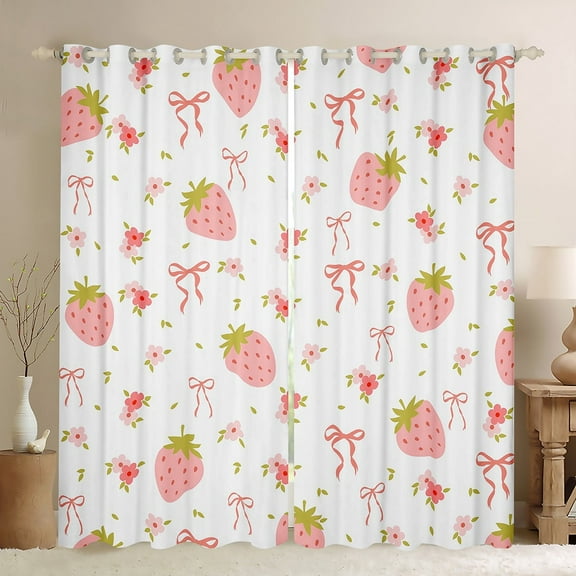 Pink Strawberry 30%-50% Blackout Curtains Cute Ribbon Bowknot Curtains And Drapes,Kawaii Bow Knot Curtains 2 Panels (38Wx45L)
