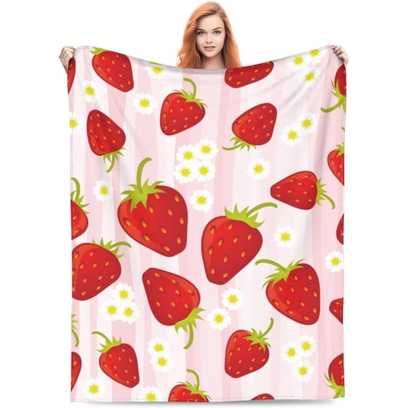 Pink Strawberry Blanket Gifts for Girls Women for Living Room Bedding Couch Soft Lightweight Warm Cozy Strawberries and Flower Throw Blankets Farmhouse Decor 40x50in