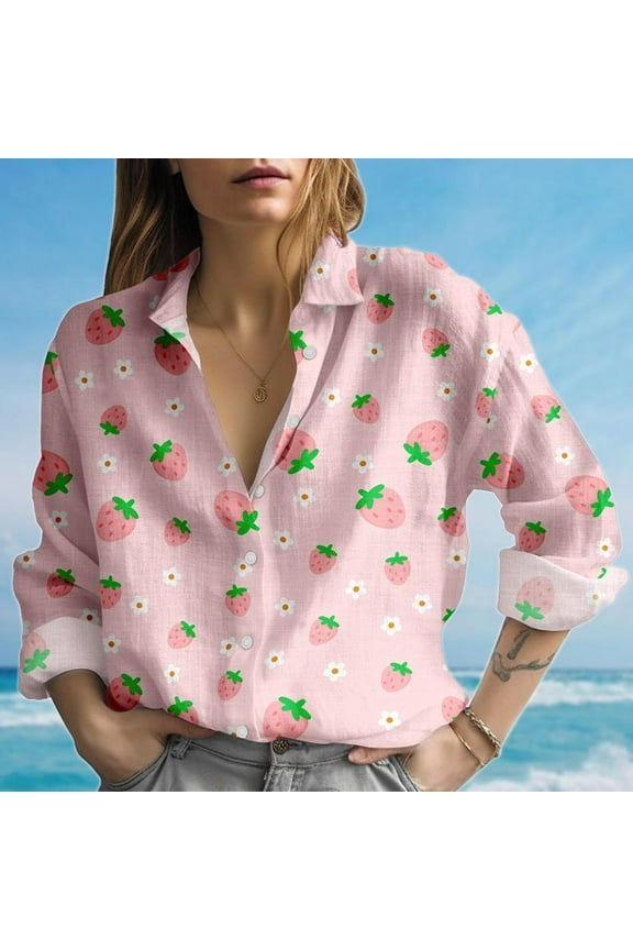 Pink Strawberry Blouse Shirt, Soft Girl Aesthetic Women Shirt, Cute Fruit Long Sleeve Shirt, Cottagecore Women Blouse, Button Down Shirt For Vacation Trip