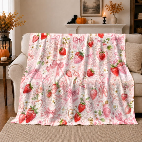 Pink Strawberry Bow Heart Locket Lace Pattern Warm Rustic Cottagecore Art Flannel Blanket For Strawberry Lovers, Cozy Pink Home Decor For Bedroom Living Room Thanksgiving Gift