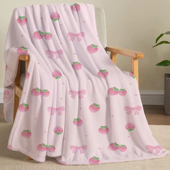 Pink Strawberry Bowknot 3D Printed Flannel Throw Blanket, Soft Geometric Pattern All-Season Sofa Bed Cover, Vintage Style Polyester Knit Gift