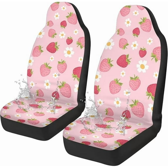 Pink Strawberry Car Seat Covers 2 Pcs, Waterproof Universal Front Seat Protector, Easy to Install Automobile Interior Decorate Accessories Universal Fit for Car SUV Trucks