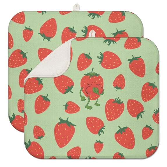 Pink Strawberry Coffee Mat – Ultra Absorbent Microfiber Spill Mat with Sweet Strawberry Cake and Watercolor Fruit Designs, Fast Drying Dish Drying Pad for Café Use