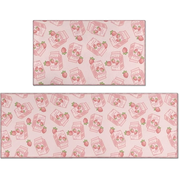 Pink Strawberry Cow Kitchen Mats Set 2 Piece Decorative Rugs for Kitchen Low-Profile Strawberry Cow Floor Mats Decorations for Home 17x48+17x24 in