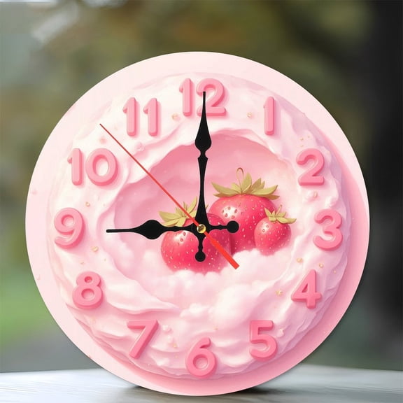 Pink Strawberry Cream Clock Wall Decor 10-Inch Silent Wooden Wall Clock, Battery Operated (AA Batteries Not Included), Artistic Home Decor