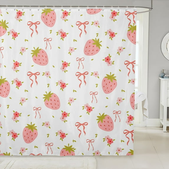 Pink Strawberry Fabric Shower Curtain Cute Ribbon Bowknot Kawaii Bow Knot Bath Curtain 72"Wx78"L