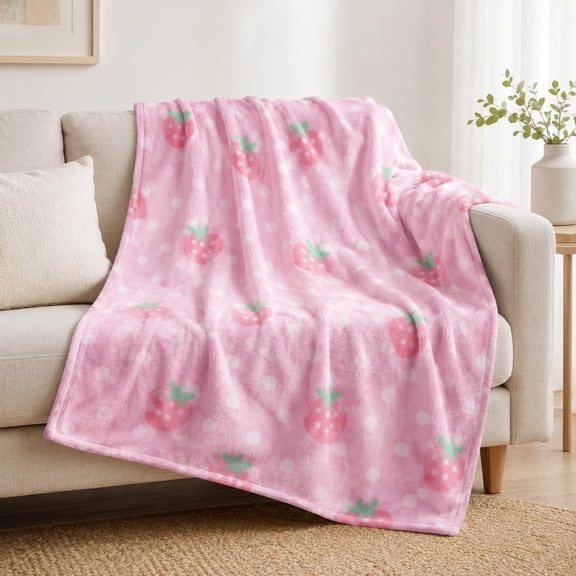 Pink Strawberry Fleece Throw Blanket, 280 GSM Polyester, Soft Sofa Blanket