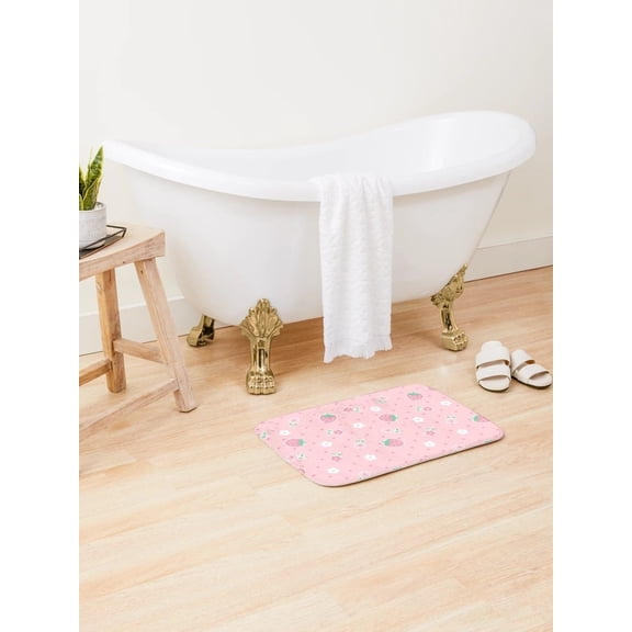 Pink Strawberry Floral Doormat – Non-Slip Backing, Cute Cottagecore Entryway Mat