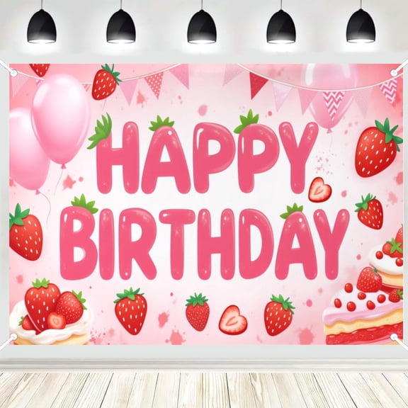 Pink Strawberry Happy Birthday Photography Backdrop, Fruit Cake Balloon Pennant Photo Background for Girls Sweet Theme Birthday Party Decor 5x7ft