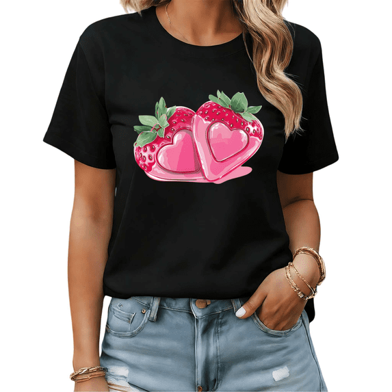 Pink Strawberry Heart Graphic Tees Womans T shirt Black/White S-5XL Shirts Casual Daily Tops