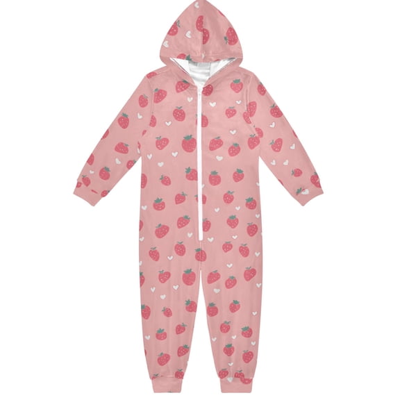 Pink Strawberry Hearts One Piece Pajamas Soft Jumpsuit Cozy Sleep and Play Romper Zipper and Pockets 9-11Y