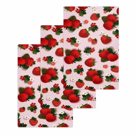 Pink Strawberry Kitchen Dish Towels for Drying Dishes Set of 3, Spring Floral Watercolor Summer Botanical Waffle Weave Microfiber Hand Tea Bathroom Towels Quick Dry & Absorbent Towel 15.7x23.6