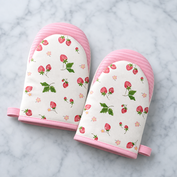 Pink Strawberry Mini Oven Mitts Set, Heat Resistant Kitchen Gloves for Cooking & Baking
