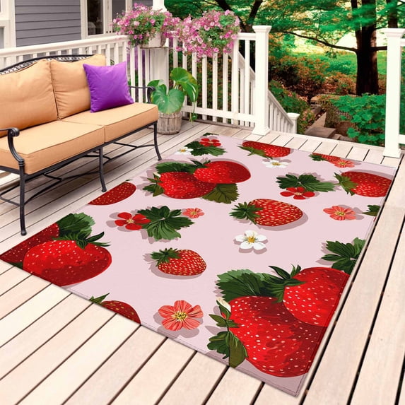 Pink Strawberry Outdoor Rug 4x6 Ft, Non Slip Washable Area Rug, Spring Floral Watercolor Summer Botanical Patio Rugs Carpet Runner, Large Floor Mat for Indoor/Outdoor Deck Porch Camping