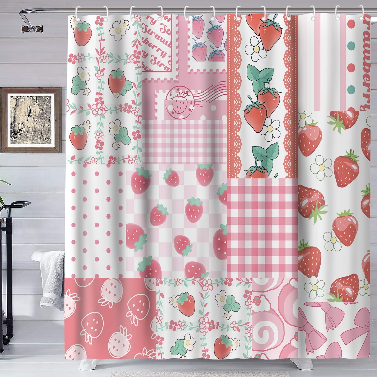 Pink Strawberry Patchwork Shower Curtain, Floral Bow Curtain for Bathroom Decor, Waterproof Washable Polyester Fabric Set with 12 Hooks 72x72inches