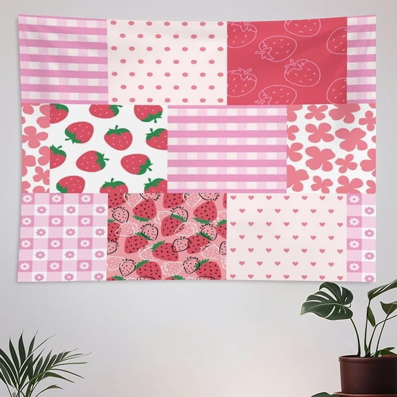 Pink Strawberry Patchwork Tapestry Wall Hanging Spring Garden Florals Tropical Fruit Tapestries Home Decor for Kitchen Farmhouse Living Room Bedroom Dorm 30"x40"