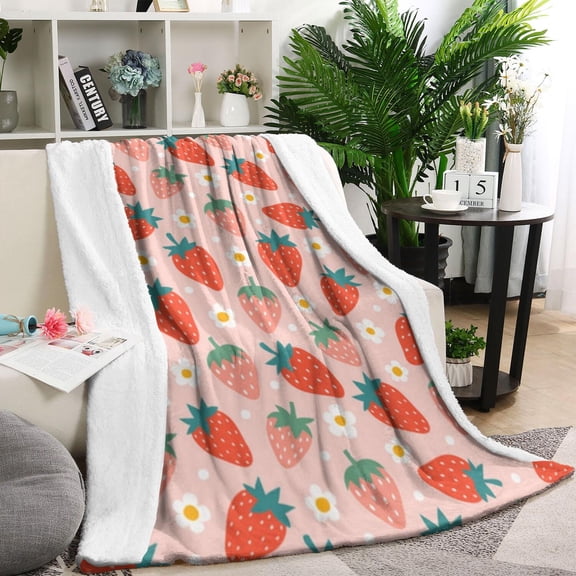 Pink Strawberry Plants Fruit Blanket,Comfortable Soft Flannel Throw Blanket,All Season,Warm Lightweight Blankets for Sofa Bed Couch Living Room Chair,60"x80"(150x200cm)