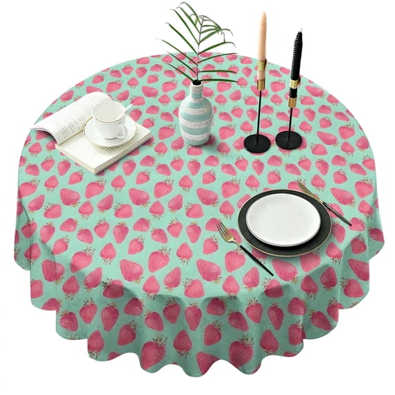 Pink Strawberry Plants Fruit Green Pattern Round Tablecloth 60"x60",Wrinkle Wipeable Table Cloth for Kitchen Dining Room Picnic Patio Party