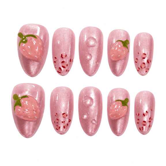 Pink Strawberry Press on Nails Short Almond Fake Nails with Cat Eye Shimmer Polka Dot Designs Soft Pink Full Cover Adhesive Press Ons Luxury Look Acrylic False Nails Press on Nail Set 30 Pcs