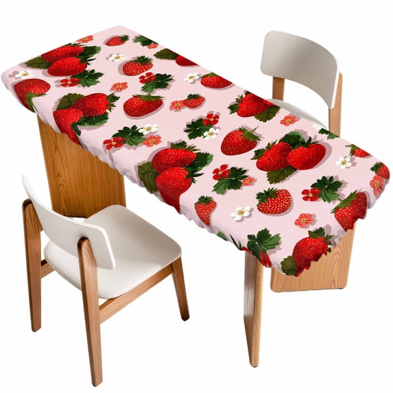 Pink Strawberry Table Cloths for 8 Foot Rectangle Tables, Spring Floral Watercolor Summer Botanical Patio Waterproof Elastic Fitted Tablecloths, Washable Rectangular Table Cover for Camping