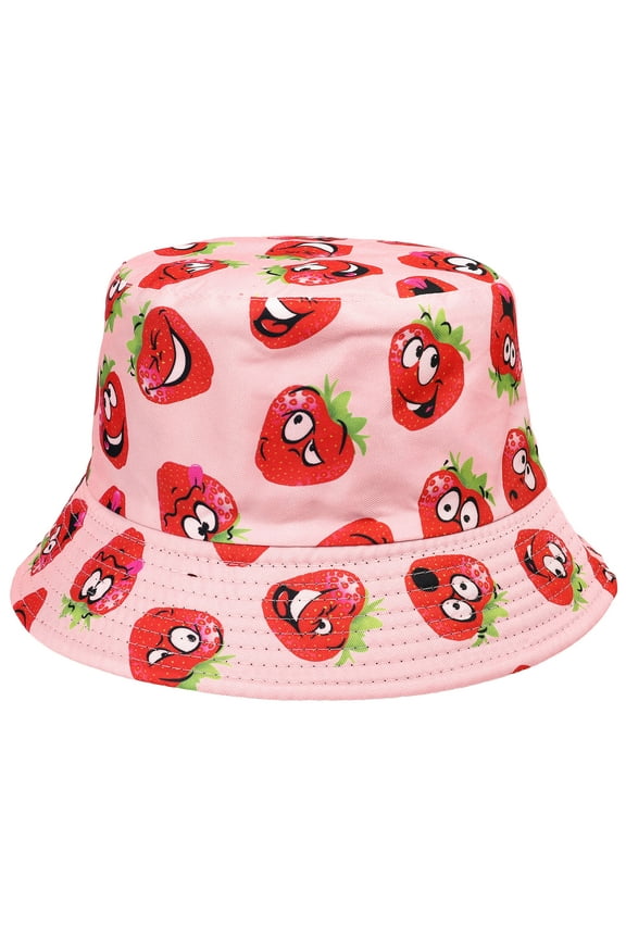 Pink Strawberry Women Reversible Bucket Hat Summer Travel Lightweight Foldable Beach Outdoor Hat