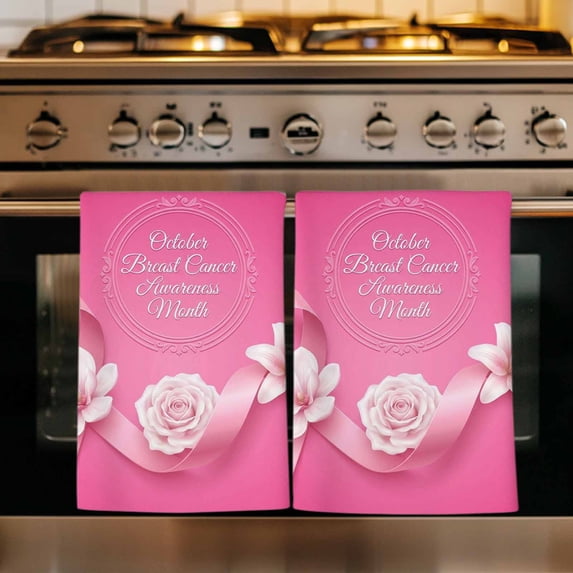 Pink String Kitchen Towels Set of 2, Spring Flowers Breast Cancer Awareness Absorbent Dish Towels for Kitchen, Microfiber Hand Towel, Quick Drying Tea Towel for Cleaning Decorative Dishcloths