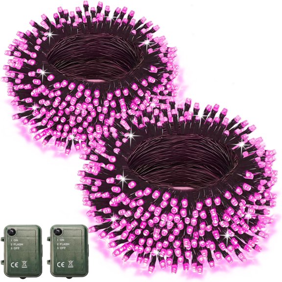 Pink String Lights Battery Powered, 2 Pack Total 66.6 FT 200 LED Christmas String Lights Indoor Outdoor Decoration, Twinkle Fairy Light for Valentine's Day Party Garden Classroom Dorm Decor