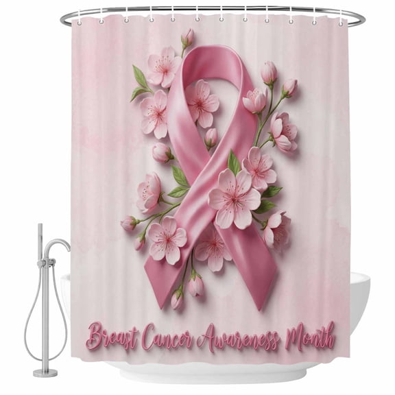 Pink String Shower Curtain Set - Small 36" x 72" Washable Bathtub Curtain with 12 Hooks, Spring Chic Flowers Breast Cancer Awareness Waterproof Fabric Stall Shower Curtains for Bathroom Décor