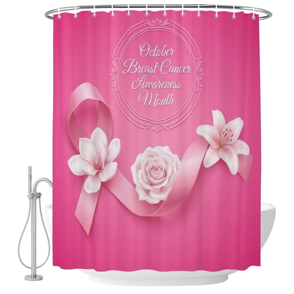 Pink String Shower Curtain Set - Small 36" x 72" Washable Bathtub Curtain with 12 Hooks, Spring Flowers Breast Cancer Awareness Waterproof Fabric Stall Shower Curtains for Bathroom/Bathtub Décor
