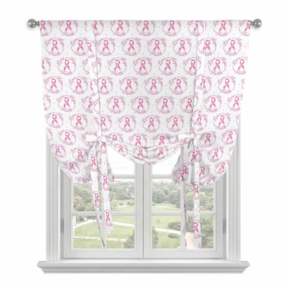 Pink String Tie Up Curtains for Window, Thermal Insulated Balloon Shade Adjustable Rod Pocket Curtains Valance Panels for Kitchen Bathroom Cafe 34 x 45 Spring Breast Cancer Awareness