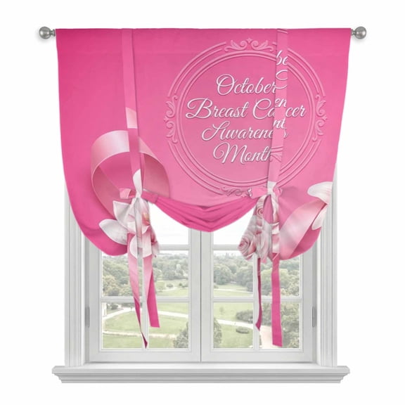 Pink String Tie Up Curtains for Window, Thermal Insulated Balloon Shade Adjustable Rod Pocket Curtains Valance Panels for Kitchen Bathroom Cafe 34 x 45 Spring Flowers Breast Cancer Awareness