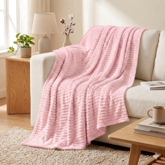 Throw Blanket, 230GSM Extra Soft Blanket with Strip Design, Plush Fuzzy Cozy Blankets and Throws for Couch, Bed, Sofa,Lightweight and Versatile Throws for Office Bedroom Picnic Home Decor, Pink