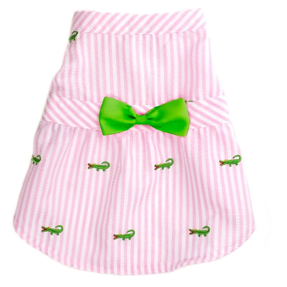 The Worthy Dog Embroidered Alligator Stripe Seersucker Adjustable Pet Dress