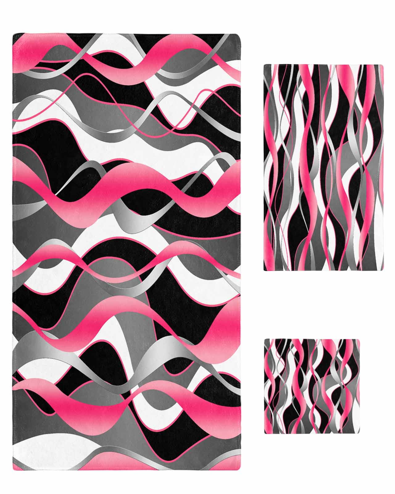 Pink Stripe Bath Towels for Bathroom Set,Luxury Microfiber Towels Gifts for Women,Beach Kitchen Hand Hair Face Towel and Dish Washcloth,Gradient Grey Moire Geometric Modern Abstract Towels+Set