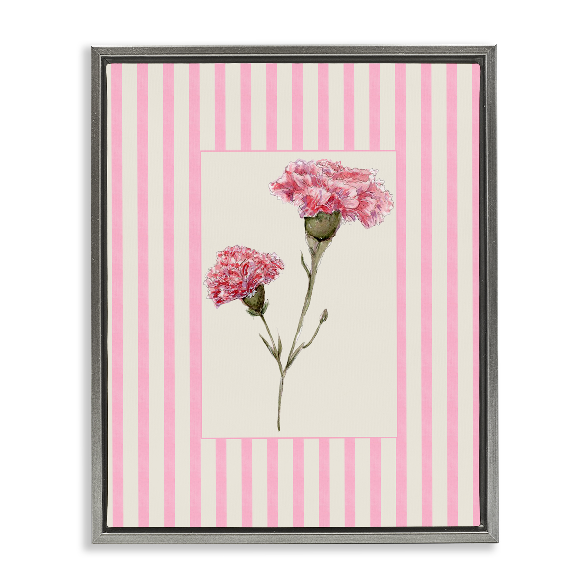 Pink Stripe Carnation Gray Framed Floater Canvas Wall Art, design by Lisa Wehmeyer