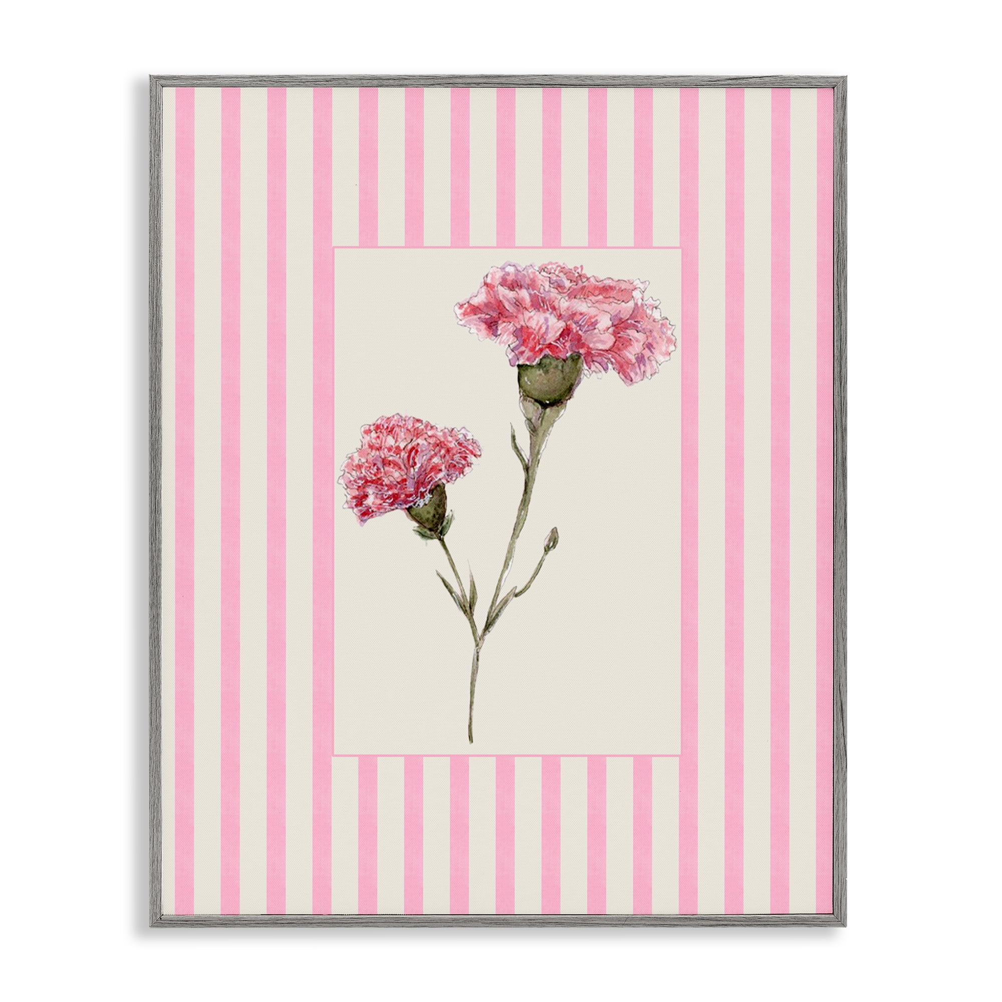 Pink Stripe Carnation Gray Framed Giclee Art, design by Lisa Wehmeyer