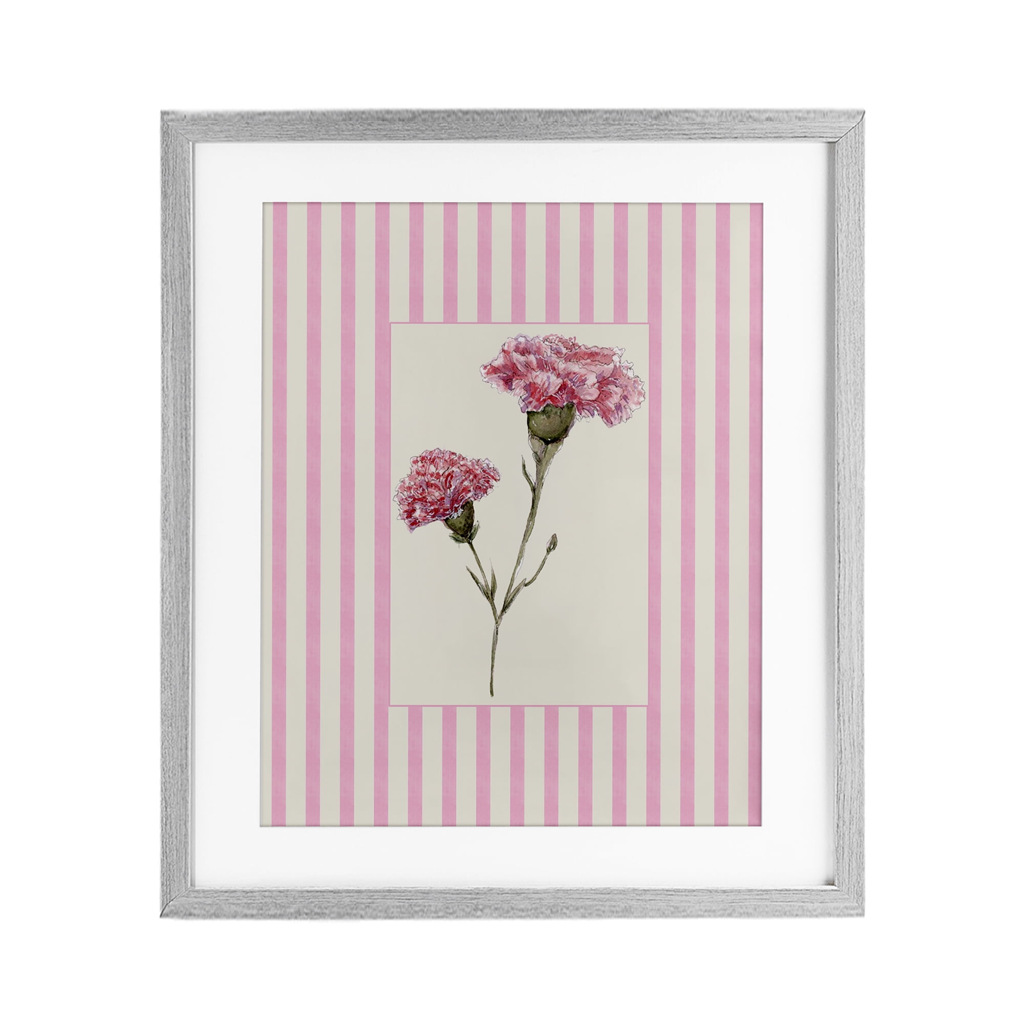 Pink Stripe Carnation Gray Framed Print Under Glass, design by Lisa Wehmeyer