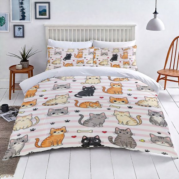 Pink Stripe Cartoon Cats Queen Comforter Set 3 Pieces 90x90 Inch, Multi Cat Pose Heart Paw Bedding, Soft Cozy All Season Comforter For Girls Women Bedroom