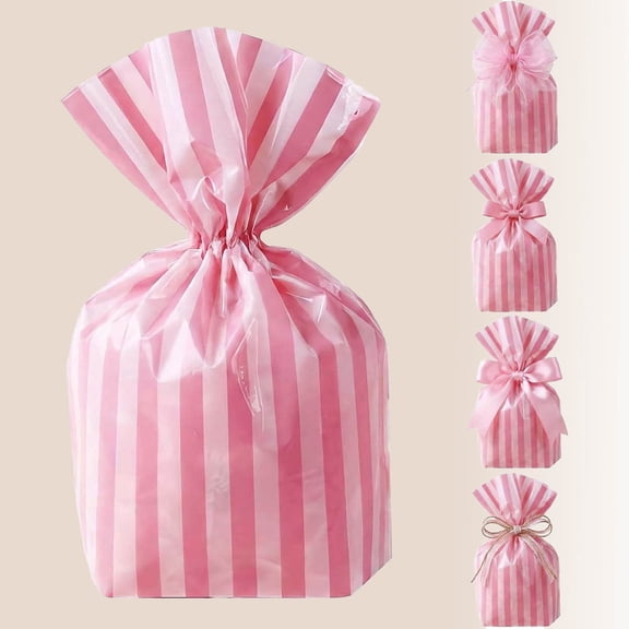 Pink Stripe Clear Cello Bags Plastic Candy Favor Cellophane Treat Bags for Wedding, Party, Cookie, Snack & Gift Wrapping 50PCS