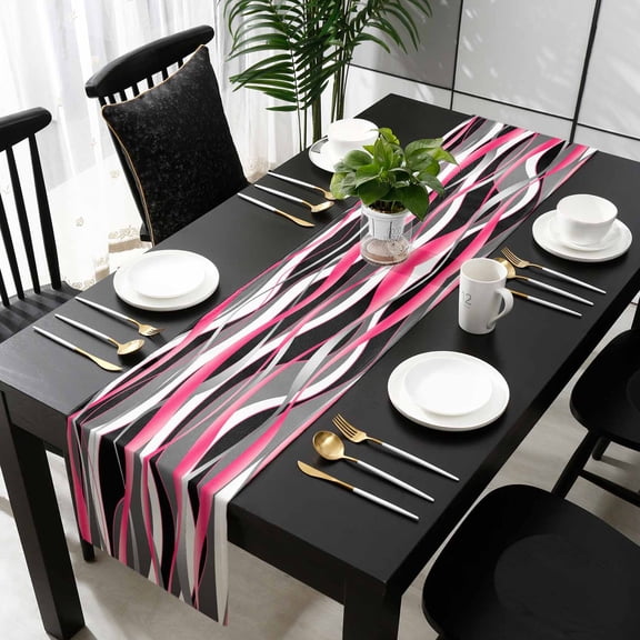 Pink Stripe Cotton Linen Small Table Runner 13 x 36 inch Gradient Grey Moire Geometric Modern Abstract Non-slip Rectangular Dining Table Decor for Wedding Party Holiday Dinner