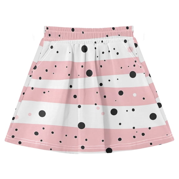 Pink Stripe Dots Pattern Cotton Skirt Built-in Liner Elastic A-Line Flared Skirt with Pockets